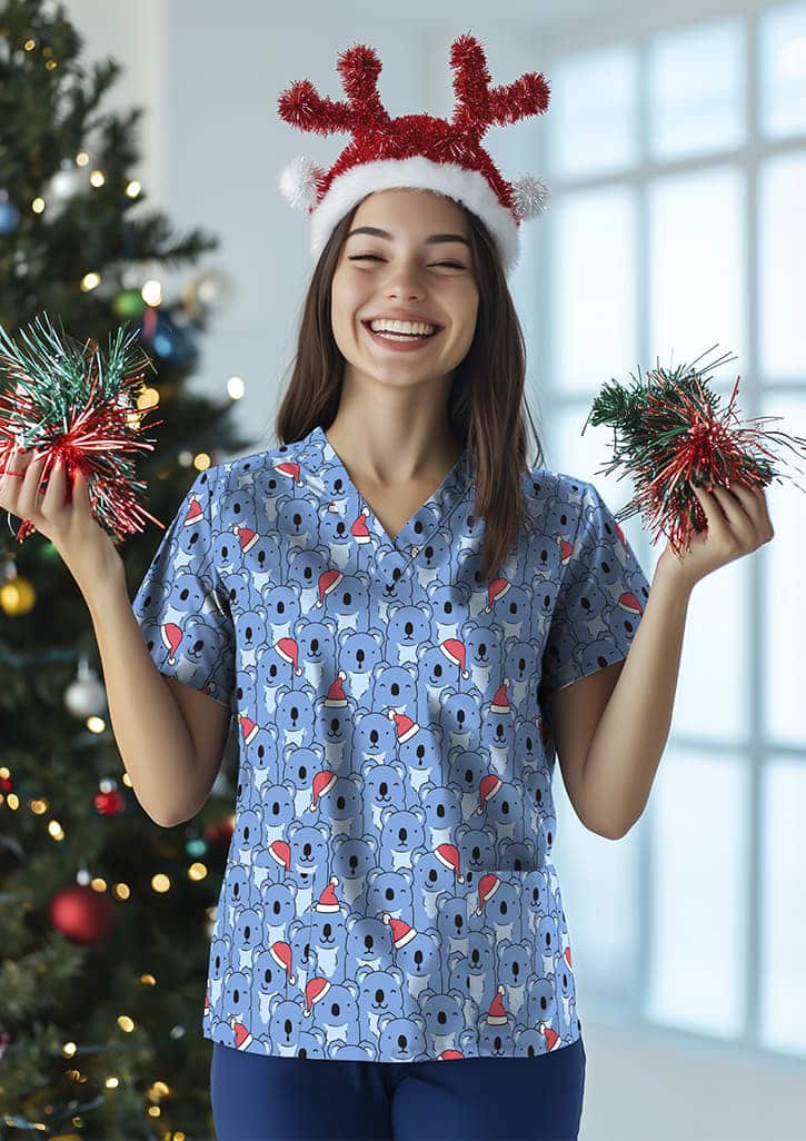 Womens Christmas V-Neck Short Sleeve Scrub Top