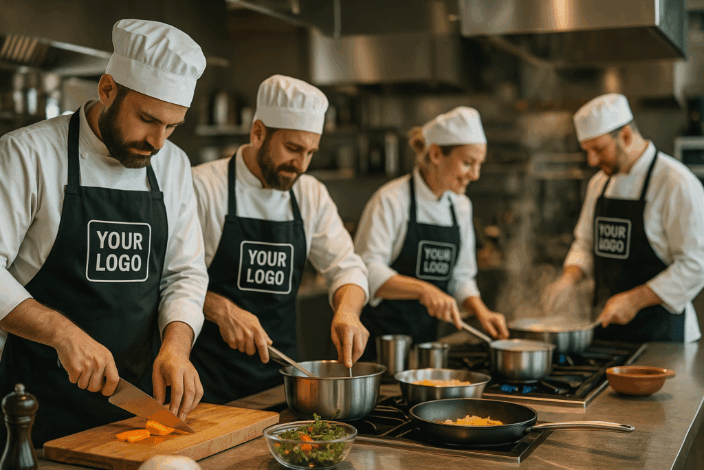 chefs wearing branded aprons 