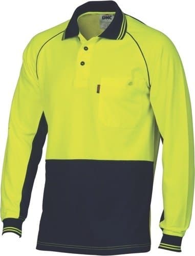 DNC Workwear Hi Vis Cotton Backed Cool-Breeze Contrast Polo Long Sleeve
