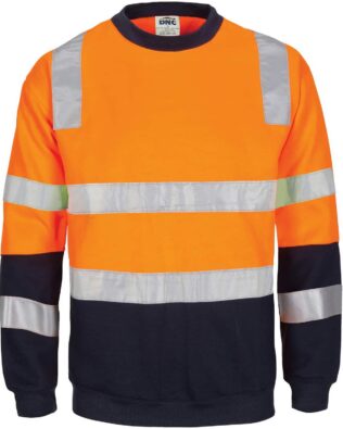 DNC Workwear Hi Vis 2 tone crew-neck fleecy sweat shirt with shoulders double hoop body and arms CSR Reflective Tape