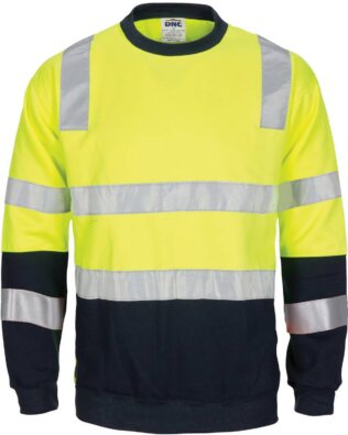 DNC Workwear Hi Vis 2 tone crew-neck fleecy sweat shirt with shoulders double hoop body and arms CSR Reflective Tape