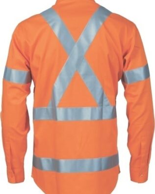 DNC Workwear Hi Vis Cool-Breeze Cotton Shirt with X Back & additional 3m Reflective Tape on Tail Long Sleeve