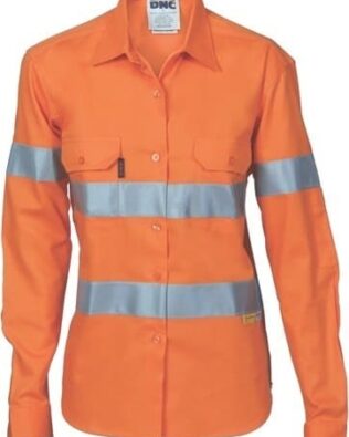 DNC Workwear Ladies Hi Vis Cool-Breeze Cott on Shirt with 3M Reflective Tape Long Sleeve
