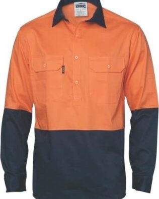 DNC Workwear Hi Vis Two Tone Close Front Cotton Drill Shirt Long Sleeve Gusset Sleeve