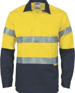 DNC Workwear Hi Vis Cool-Breeze Close Front Cotton Shirt with 3M Reflective Tape Long Sleeve
