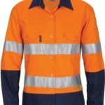DNC Workwear Ladies Hi Vis Two Tone Cool-Breeze Cott on Sh irt with 3M Reflective Tape Long Sleeve